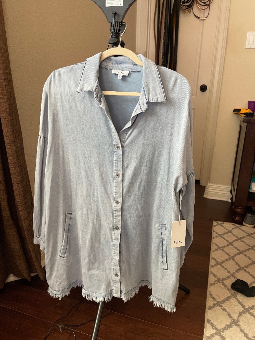 Fate Chambray Denim Shirt Dress — Frayed Hem — Oversized — XS — NWT